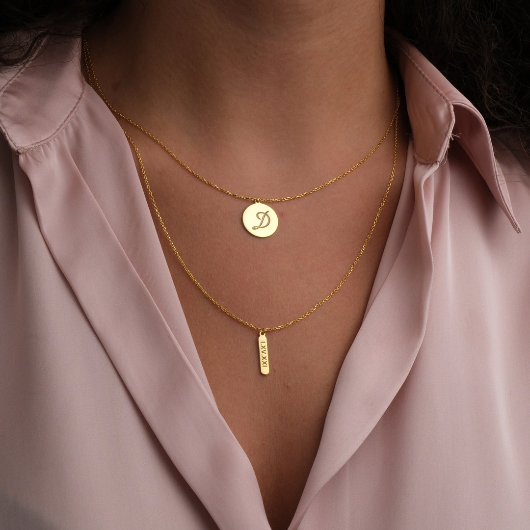 Double Chain Letter Necklace, 14K Gold Personalized Date Necklace, Handmade Jewelry, Gift for
