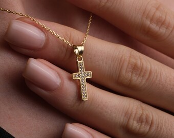Exquisite Gold Diamond Crucifix Necklace, Minimalist Silver Diamond Cross Necklace, Gift for Mom, Handmade Charm, Birthday Gift For Her