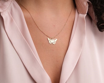 Tiny Butterfly Necklace, 14K Solid Gold Minimalist Butterfly Necklace, Dainty Jewelry for Women, Birthday Gift, Mothers Day Gift For Mom