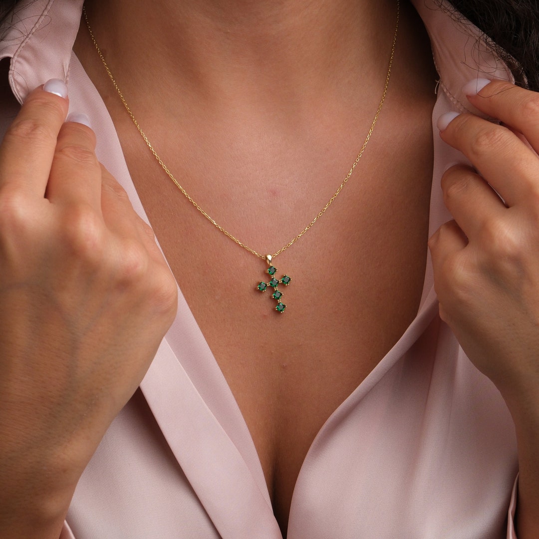 14k Gold Natural Green Emerald and Diamond Cross Pendant Jewelry Gift for Women