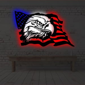 American Flag Eagle LED Metal Wall Art – Patriotic Lighted Sign – USA Pride Decor – Bald Eagle Man Cave Gift