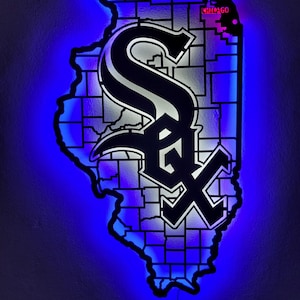 White Sox led-metalen muurkunst – verlichte kaart met kaart Illinois – MLB honkbaldecor – ventilator grotlamp – Sox Gift