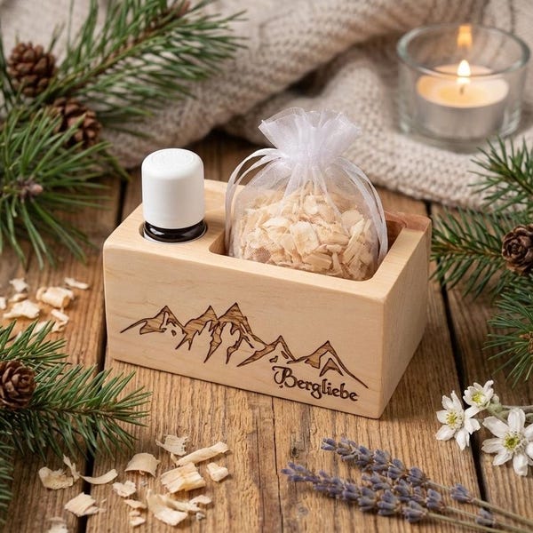 Zirbenduftbox Bergliebe | Zirbenholz Duftbox inkl. Zirbenspänen & 5 ml Bio-Zirbenöl | Tiroler Duftset | Geschenk Natur | EdpaS Zirbelholz