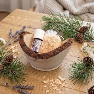 Zirben Duftschale Set gedrechselt | Tiroler Zirbenholz mit Spänen & 5 ml Bio Zirbenöl | Natur Raumduft | Aromatherapie Geschenkset | EdpaS