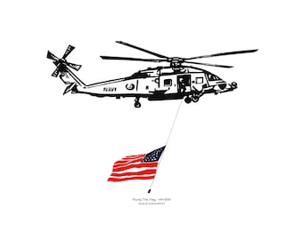 HH-60H Seahawk Flying The Flag Print - Navy Retirement Gift for Veteran Aviator - Patriotic Military Helicopter Art