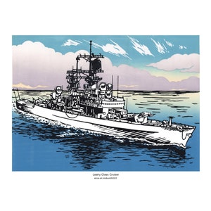 Leahy Klasse Kreuzer Druck - Navy Surface Warfare Geschenk - Marinegeschichte Kunst des Kalten Kriegs - Militärschiff Wanddekoration