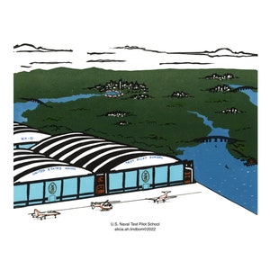 May include: A black and white illustration of a U.S. Naval Test Pilot School with a blue and white building, a river, and a bridge in the background. The text "U.S. Naval Test Pilot School" and "alicia.ahlindbom©2022" are visible.