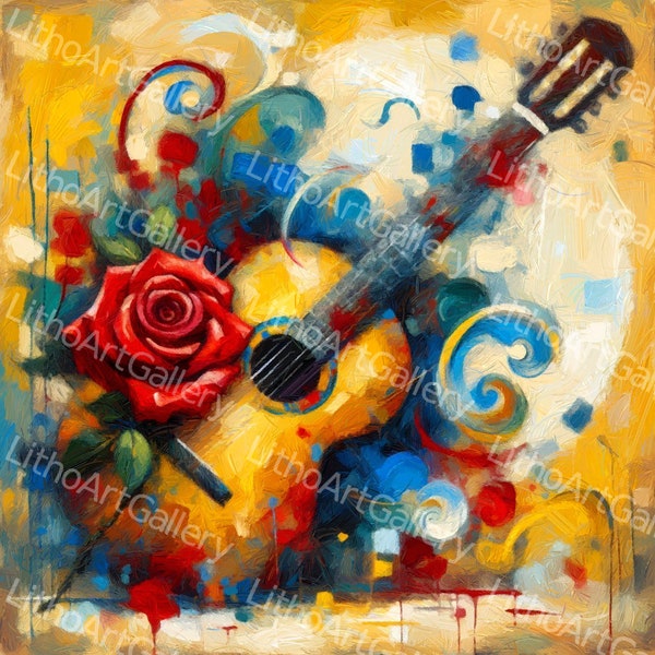 Guitar and rose painting - Frame on Canva Home decor - Cadre sur toile - Art numérique - 60 x 60  cm