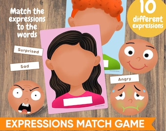May include: A printable educational game for kids featuring 10 different facial expressions. The game includes cards with blank faces and matching cards with different expressions, such as surprised, sad, and angry. The game is titled "Expressions Match Game".