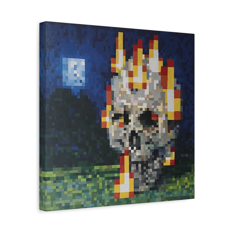 Printed Painting of Handpainted Minecraft Skull on Fire, Canvas