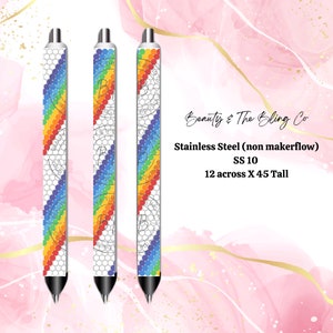 May include: Three rainbow-colored pens with a white background and black accents. The pens are 12 inches across and 45 inches tall. The text on the image reads "Beauty & The Bling Co. Stainless Steel (non makerflow) SS 10 12 across X 45 Tall".