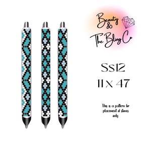May include: Three silver pens with a turquoise, black, and white geometric pattern. The pattern is a repeating diamond shape. The text "SS12 11 x 47" is below the pens. The text "This is a pattern for placement of stones only." is below the text "SS12 11 x 47".