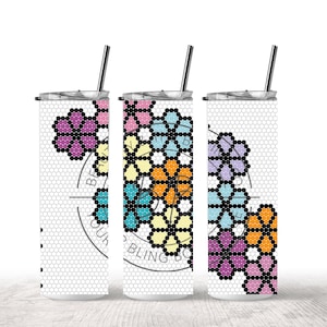 May include: Three stainless steel tumblers with lids and straws. Each tumbler features a different geometric pattern of colorful flowers on a white background.