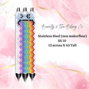 May include: Three stainless steel pens with a rainbow design. The pens have a white background with a honeycomb pattern and a rainbow design. The text on the pens reads "Beauty & The Bling Co", "Stainless Steel (non makerflow) SS 10" and "12 across X 45 Tall".