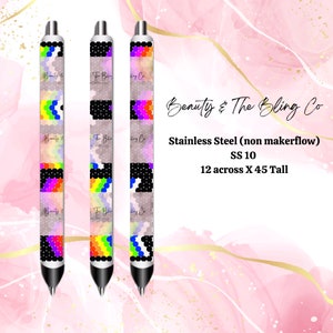 May include: Three black pens with colorful beaded designs. The pens are 12 inches long and 45 inches tall. The beads are arranged in a pattern that resembles a rainbow flag. The pens are labeled "Beauty & The Bling Co."