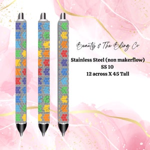 May include: Three silver pens with colorful patterned designs. The pens are 12 inches across and 45 inches tall. The text on the image reads "Beauty & The Bling Co. Stainless Steel (non makerflow) SS 10 12 across X 45 Tall".
