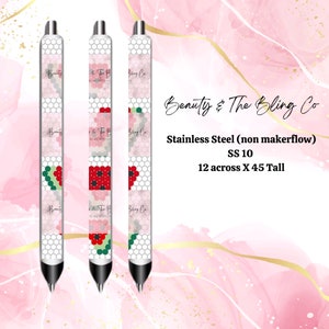 May include: Three silver pens with a watermelon design. The pens are 12 inches across and 45 inches tall. The text on the pens reads "Beauty & The Bling Co. Stainless Steel (non makerflow) SS 10".