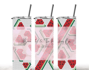 May include: Three stainless steel tumblers with lids and straws. Each tumbler features a pink and white geometric pattern with watermelon slices. The tumblers are labeled "Beauty & The Bling Boutique Co."