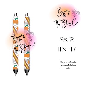 Pode incluir: Dois modelos verticais em forma de caneta com um padrão de favo de mel branco e listras diagonais de círculos laranja, marrons e verdes. O texto diz Beauty & The Bling Co, SS12, 11 x 47, e This is a pattern for placement of stones only.