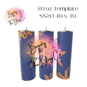 May include: Three stainless steel tumblers with a blue and orange geometric pattern. The text "Beauty & The Bling Co" is displayed on the tumblers. The text "20 oz Template SS20 49 x 49" is also visible.