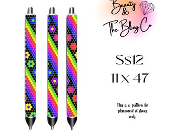 May include: Three colorful pens with a geometric pattern of black, pink, green, yellow, and blue. The pens are 11 inches long and 47 inches wide. The text "SS12 11 x 47" is printed below the pens. The text "This is a pattern for placement of stones only." is printed below the text "SS12 11 x 47".