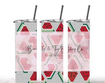 May include: Three stainless steel tumblers with a pink and white geometric pattern and watermelon slices. The tumblers have lids and straws. The text "Beauty & The Bling Co. Bling Boutique" is on the tumblers.