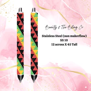May include: Two black and silver pens with red, yellow, and green geometric patterns. The pens are 12 inches across and 45 inches tall. The text on the image reads "Beauty & The Bling Co. Stainless Steel (non makerflow) SS 10 12 across X 45 Tall".
