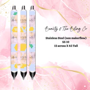 May include: Three stainless steel pens with a honeycomb pattern and the text "Beauty & The Bling Co. LINE PRODUCTS" on the barrel. The pens are 12 inches across and 45 inches tall.