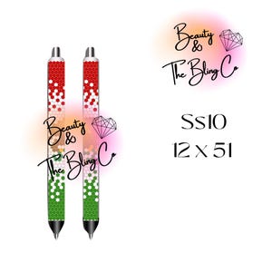May include: Two pens with red, white, and green hexagonal patterns. The pens have black tips and silver accents. The image includes the text "Beauty & The Bling Co" and "Ss10 12 x 51".