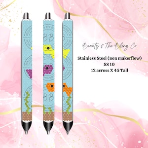 May include: Three stainless steel pens with a blue and white polka dot background. The pens have a floral design with purple, orange, and yellow flowers. The pens are labeled "Beauty & The Bling Co" and "SS 10". The pens are 12 inches across and 45 inches tall.