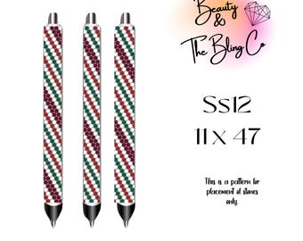 May include: Three silver pens with a red, white, and green striped pattern. The pattern is a diagonal stripe with small white circles. The text "SS12 11 x 47" is below the pens. The text "This is a pattern for placement of stones only." is below the text "SS12 11 x 47".