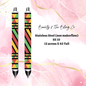 May include: Two stainless steel pens with a colorful design. The pens feature a pattern of red, green, yellow, and black dots. The text on the image reads "Beauty & The Bling Co" and "Stainless Steel (non makerflow) SS 10 12 across X 45 Tall."