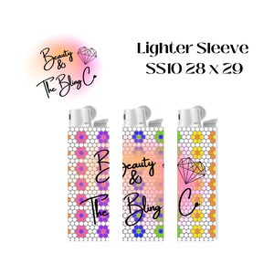 May include: Three colourful lighter sleeves with a geometric pattern and the text "Beauty & The Bling Co."  Lighter Sleeve SS10 28 X 29