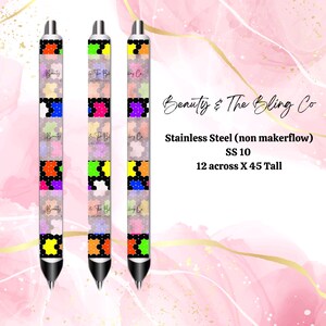 May include: Three colorful pens with a geometric pattern and the text "Beauty & The Bling Co" on the barrel. The pens are made of stainless steel and are 12 inches across and 45 inches tall.