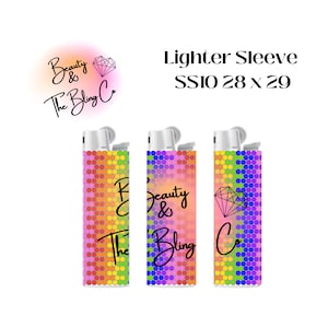 May include: Three colorful lighter sleeves with a rainbow pattern and the text "Beauty & The Bling Co."  The sleeves are 28 x 29 inches.