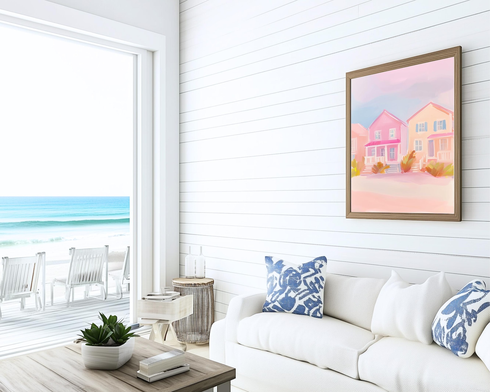 Pink Beach Cottage Painting, Coastal Beach House Wall Art, Pastel Blue ...