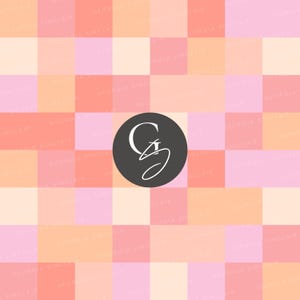 May include: A repeating pattern of peach, pink, and cream squares with a black circle in the center. The circle contains a white stylized letter "G" with a white stylized letter "S" inside the "G".