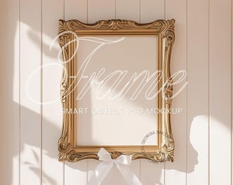 Antique Coquette White Bow Wall Art Frame Mockup, 5x7 Gold Vintage Frame, Rococo Feminine Editable Vertical Frame PSD Photoshop Cutecore
