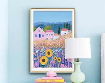 Pink Cottage Surrounded by Flowers, Garden Cottage Scene, Whimsical Countryside Art, Sunflowers Pasture Meadow Printable Pastel Home Decor