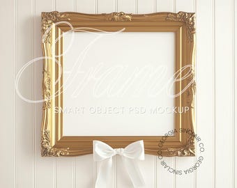 Antique Coquette Black Bow Wall Art Frame Mockup, 1:1 Gold Vintage Frame, Rococo Feminine Editable SQUARE Frame PSD Photoshop Cutecore