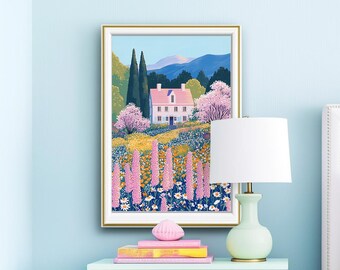 Pink Cottage Surrounded by Flowers, Garden Cottage Scene, Whimsical Countryside Art, Wildflower Pasture Meadow Printable Pastel Home Decor