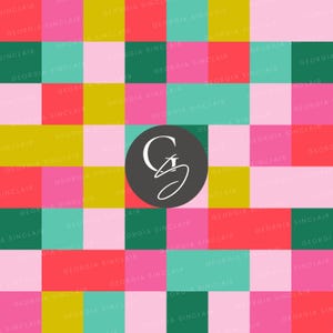May include: A repeating pattern of squares in pink, red, yellow, green, and turquoise. The squares are arranged in a checkerboard pattern. The center of the image features a gray circle with the letter "G" in white.