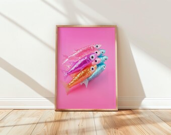 glitter sardine art, sparkly fish print, girly ocean decor, maximalist sea life poster, glittercore aquatic artwork, pink fish wall print