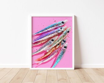 glitter sardine art, sparkly fish print, girly ocean decor, maximalist sea life poster, glittercore aquatic artwork, pink fish wall print