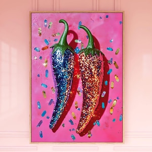 Chili Pepper Disco Ball Maximalist Photo, Printable Wall Art, Dopamine Dining Room Preppy Food Poster, Mirror Ball Girly Kitchen Print