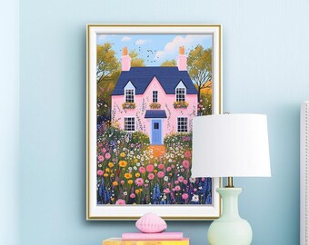 Pink Cottage Surrounded by Flowers, Garden Cottage Scene, Whimsical Countryside Art, Wildflower Pasture Meadow Printable Pastel Home Decor