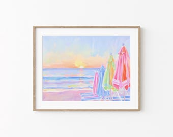 Parasols de plage pastel au coucher du soleil, peinture, art mural plage arc-en-ciel côtier été, ambiance de plage lumineuse lever de soleil imprimable numérique