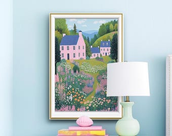 Pink Cottage Fields of Flowers, Pastel Garden Cottage Scene, Cottagecore Art, Whimsical Floral Art Countryside Flower Print Eclectic FolkArt