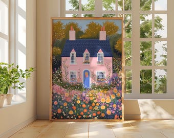 Pink Cottage Fields of Flowers, Pastel Garden Cottage Scene, Cottagecore Art, Whimsical Floral Art Countryside Flower Print Eclectic FolkArt