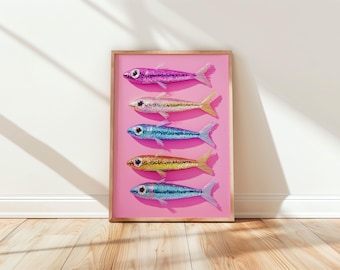 glitter sardine art, sparkly fish print, girly ocean decor, maximalist sea life poster, glittercore aquatic artwork, pink fish wall print